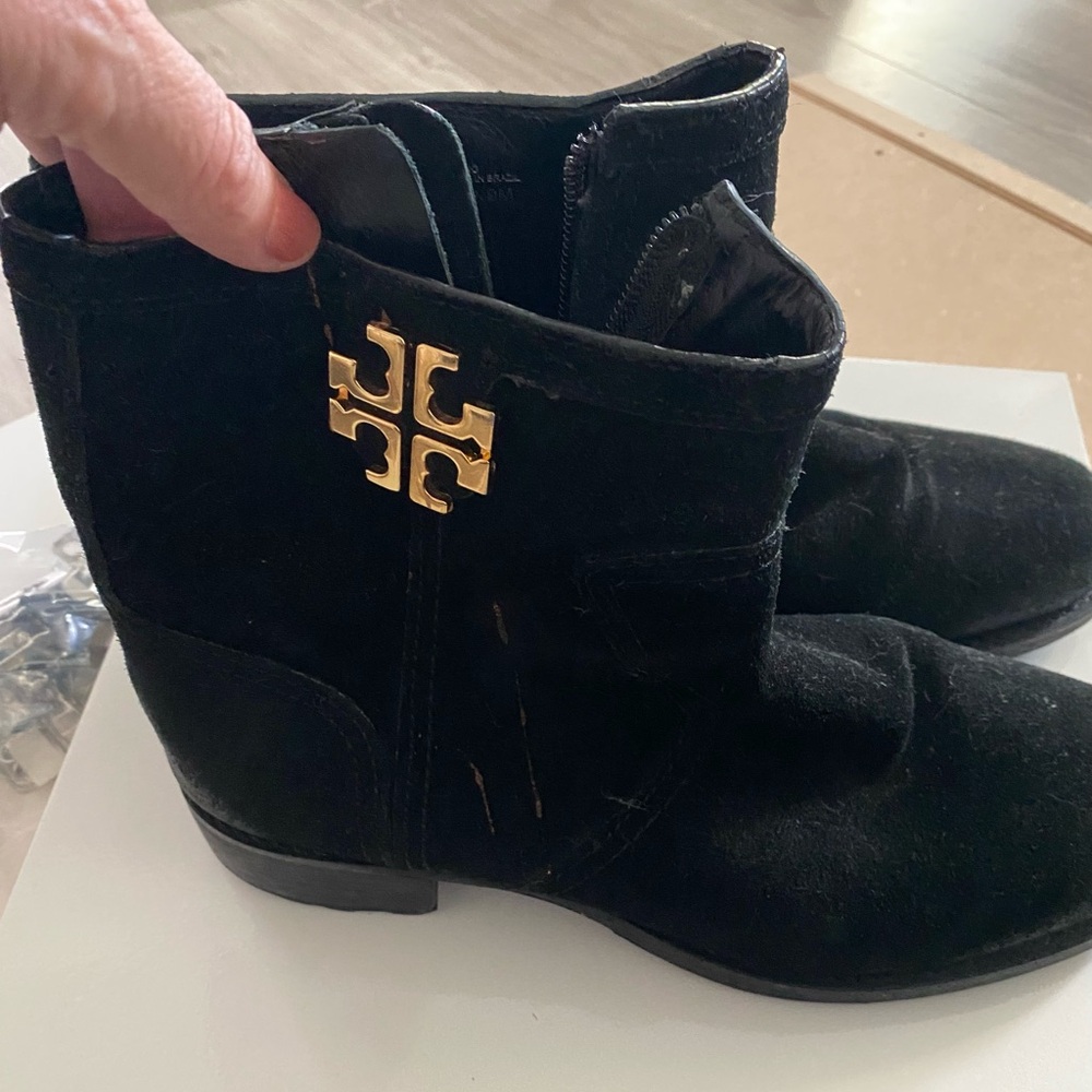 Tory Burch Eloise Black Suede Ankle Booties with Gold Accent